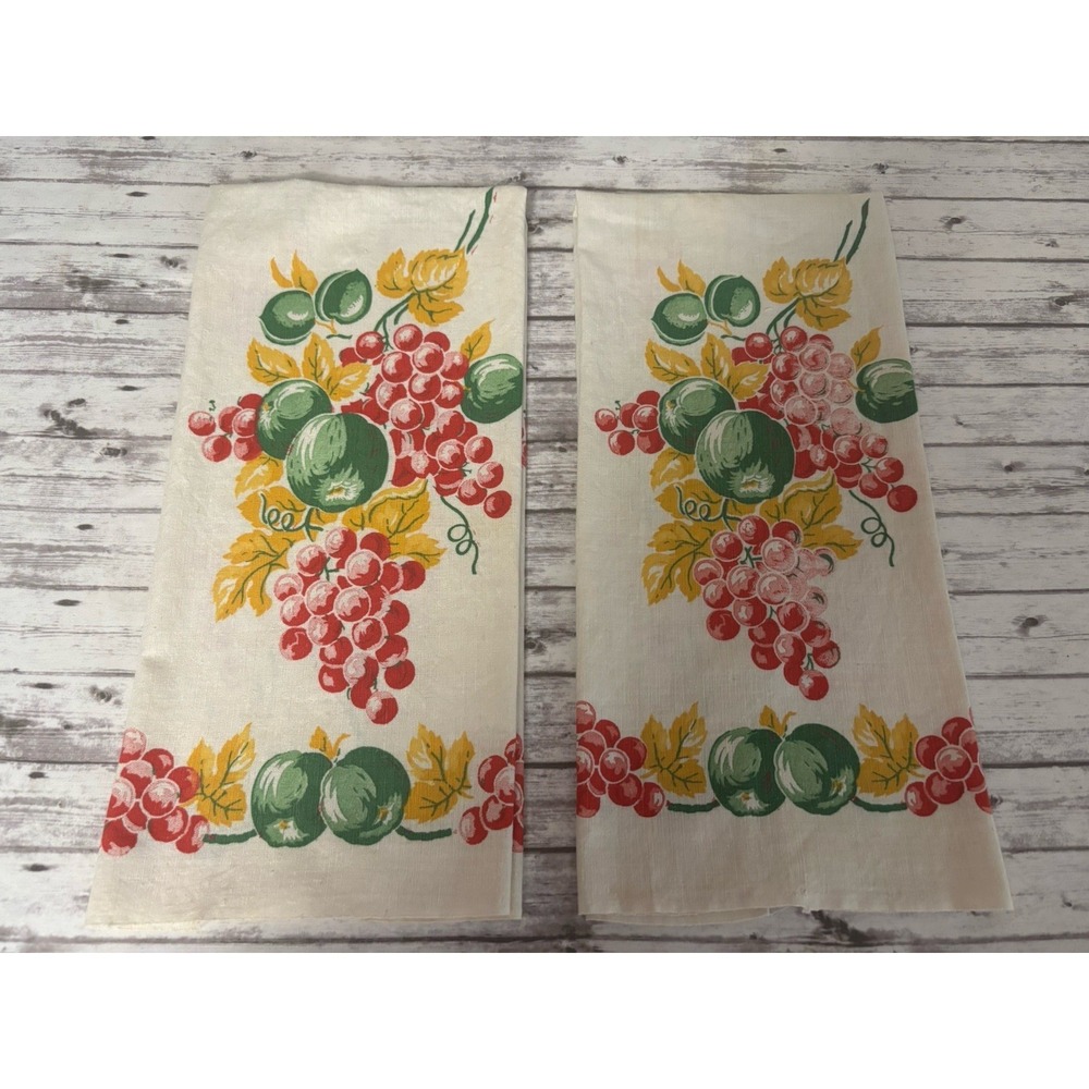 Vintage 1950s Cotton Kitchen Towels‎ PAIR Floral Grapes Green Red Yellow
